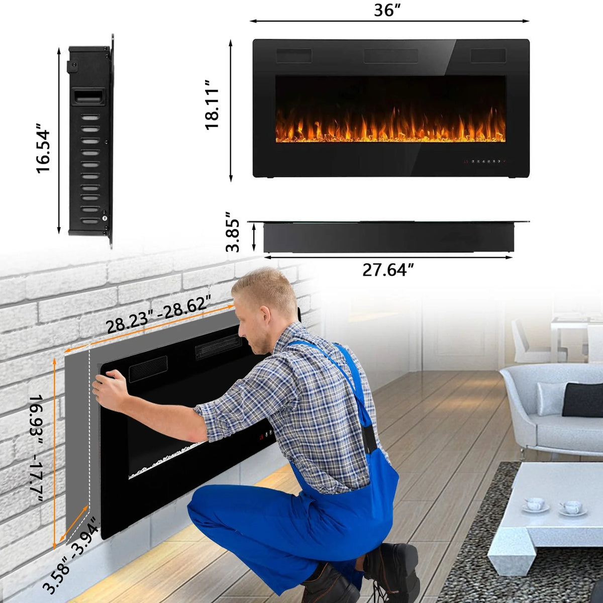 30-72 Inch Ultra-Thin Electric Fireplace, Linear Recessed Wall Mounted Fireplace with Remote Control