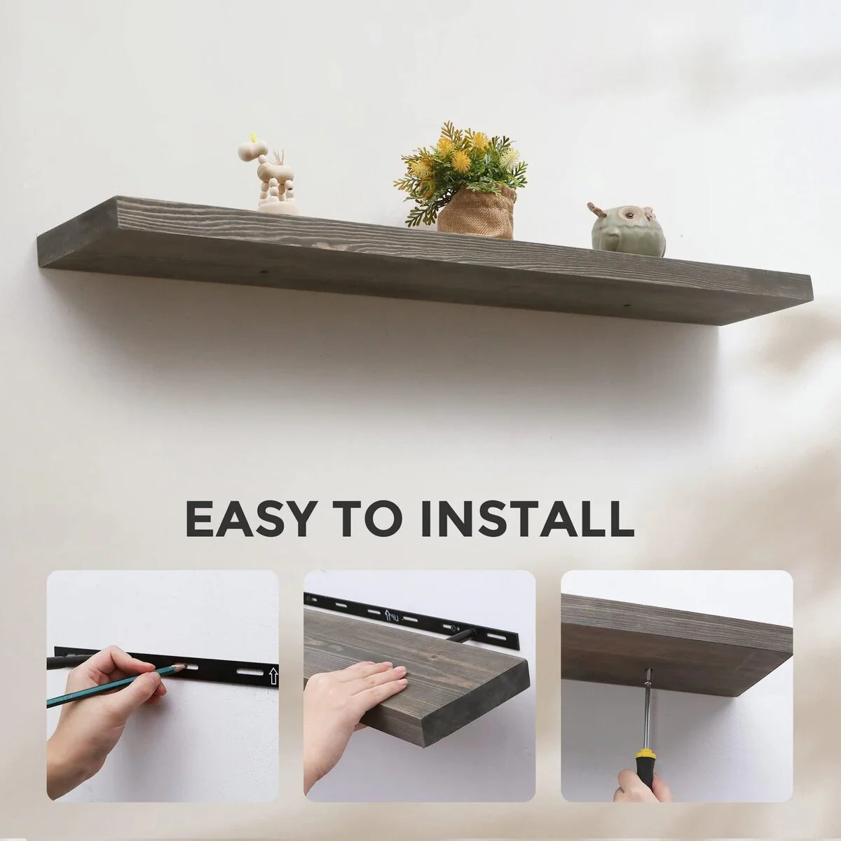 Set of 2 Handcrafted European Pine Floating Wall Shelves, Natural Rustic Wood