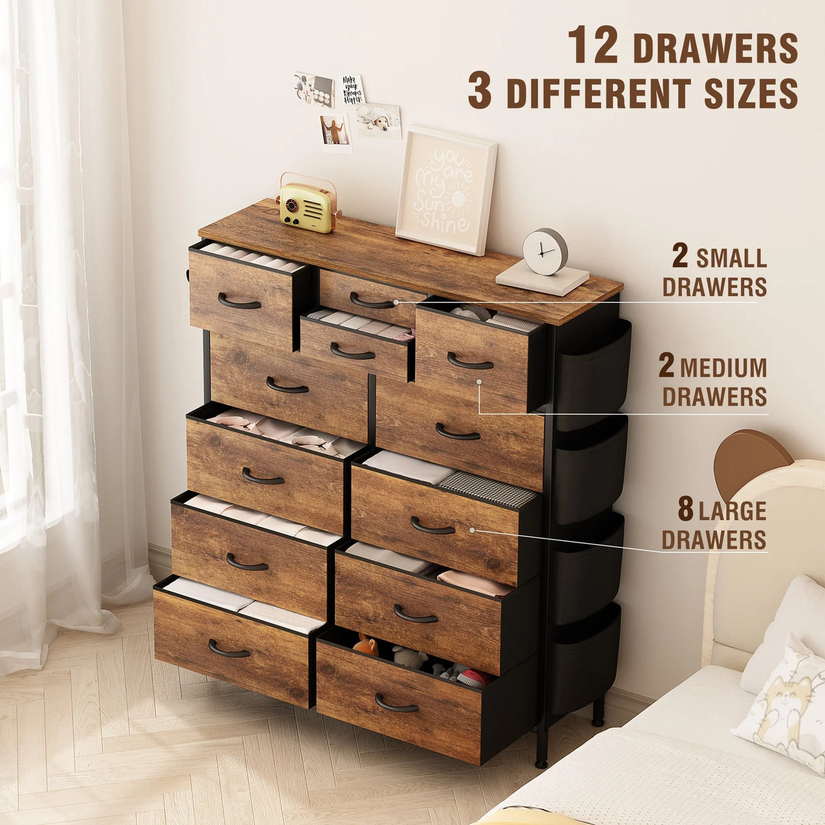 12 Drawer Fabric Dresser, Tall Bedroom Chest of Drawers with Storage