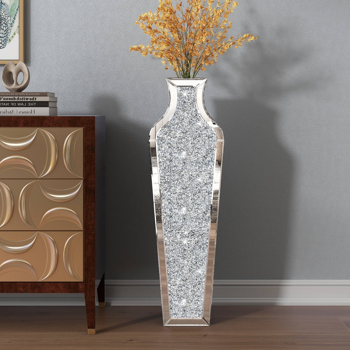 Tall Crushed Diamond Floor Vase, Luxury Decorative Crystal Accent Vase for Living Room, Bedroom and Home Decor