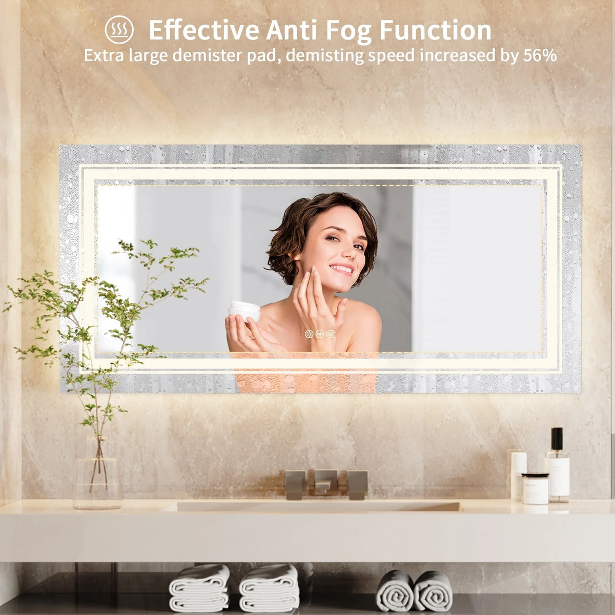 Extra Large LED Lighted Bathroom Mirror, Anti-Fog Wall Mounted Vanity Mirror with 3 Colors