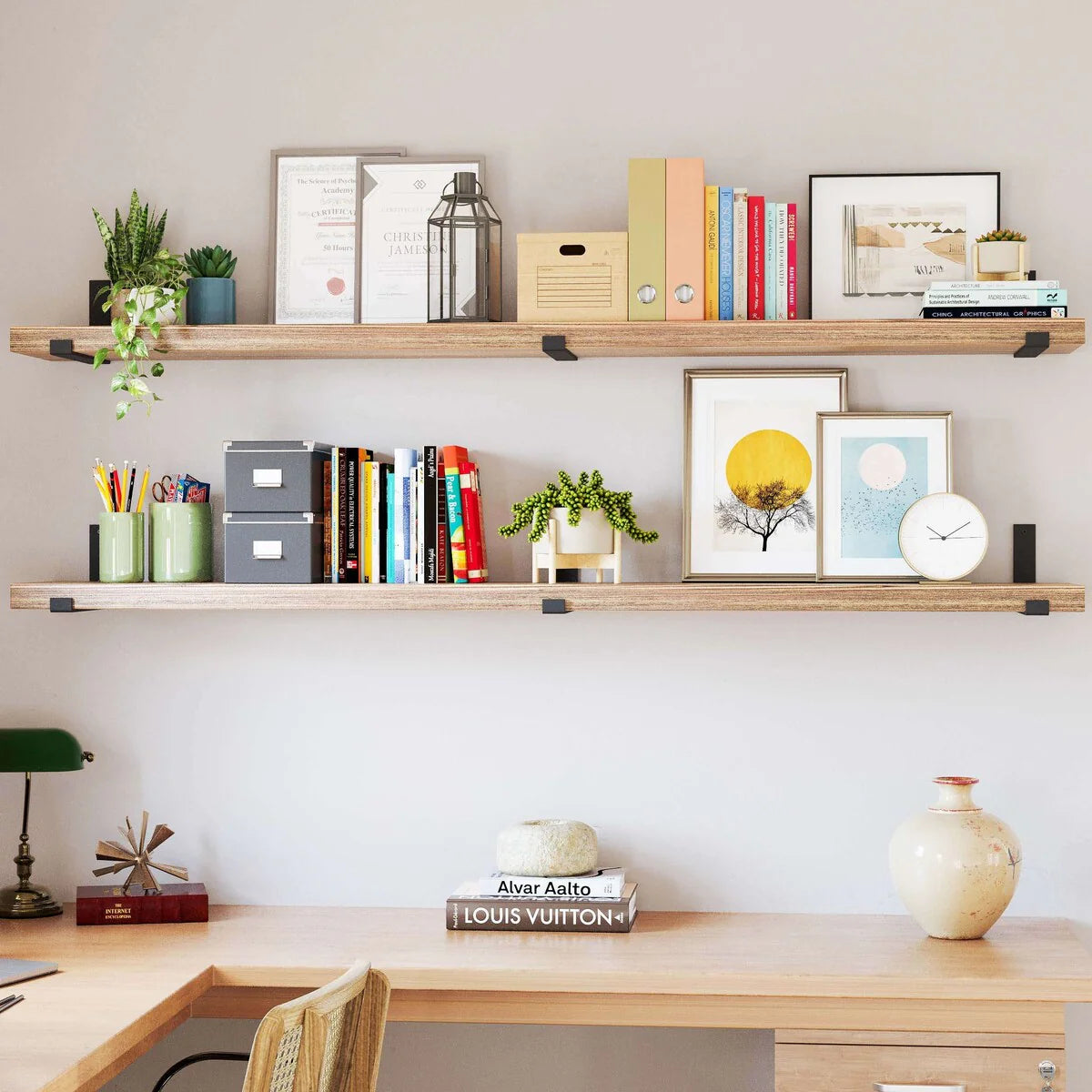 72 Inch Floating Wood Wall Shelves, Set of 2 Burnt Wood Display and Storage Shelves for Home Decor