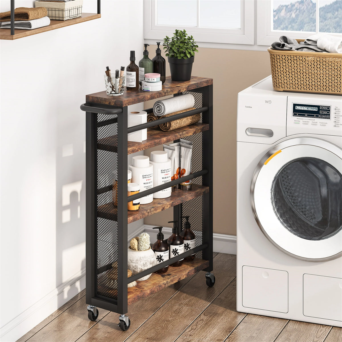 Brown 4-Tier Rolling Kitchen Storage Cart, Narrow Slim Utility Trolley with Wheels and Handle