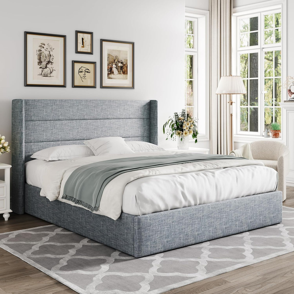 Queen Size Lift Up Storage Bed with Wingback Headboard, Upholstered Platform Bed Frame with Hidden Storage