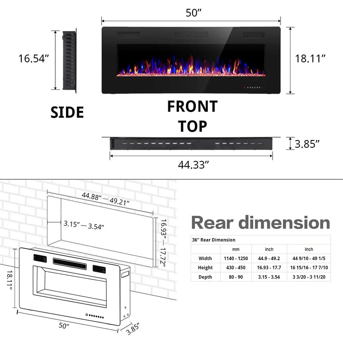 Recessed Electric Fireplace Heater, Wall Mounted 750-1500W Fireplace with Remote Control