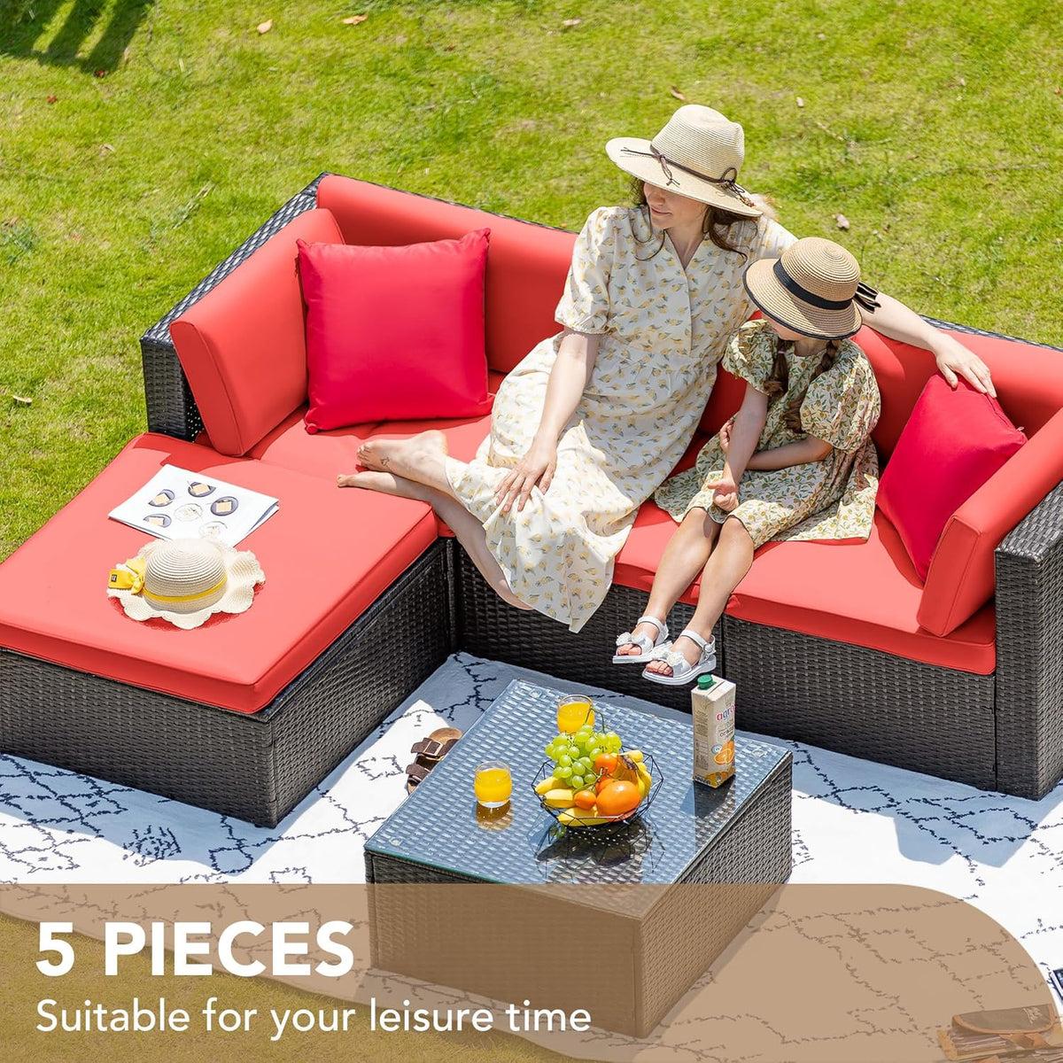5-Piece All-Weather Patio Furniture Set with Cushions, Outdoor Wicker Conversation Sofa Set for Garden, Deck & Backyard