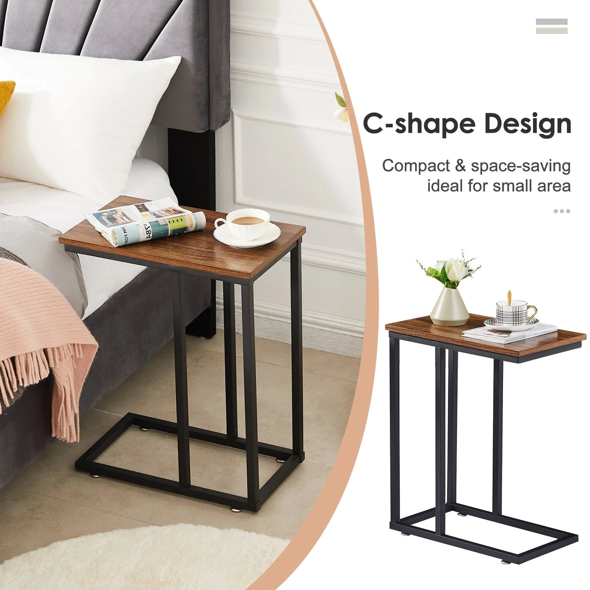 Set of 2 C-Shaped Sofa Side Tables, Small End Tables for Living Room, Bedside and TV Tray