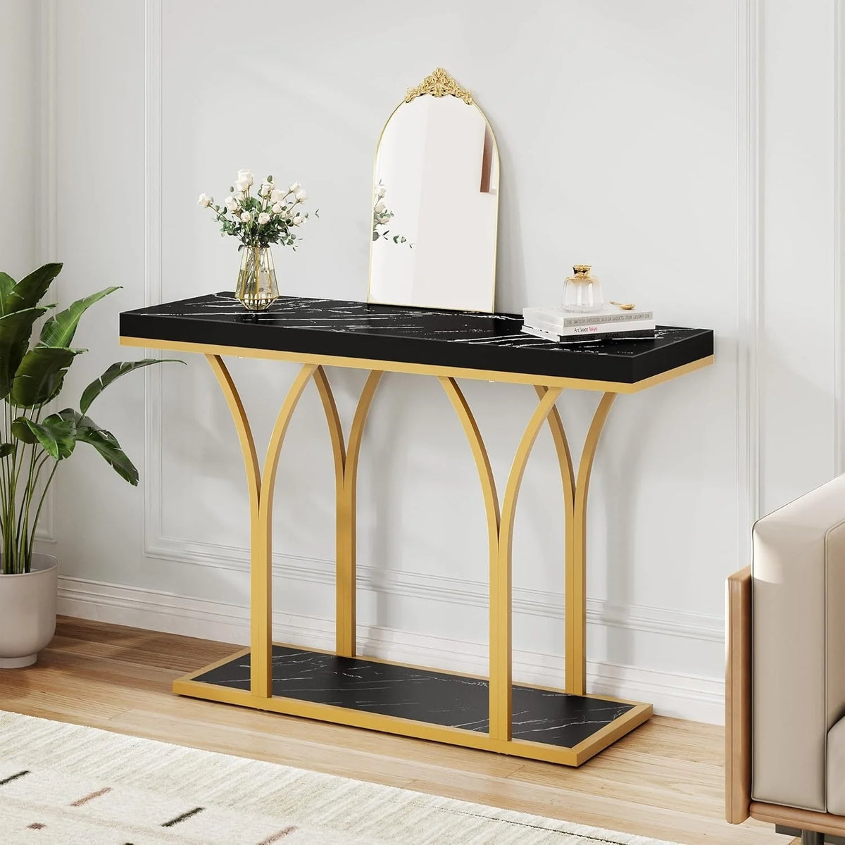 Modern Gold Console Table with Marbled Top, Sofa Table for Entryway and Hallway