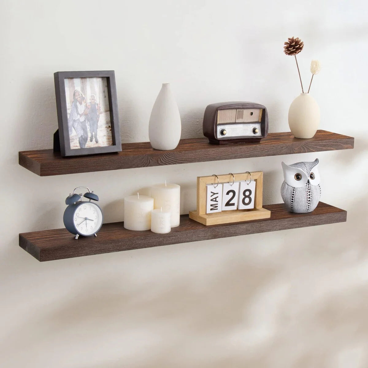 Set of 2 Handcrafted European Pine Floating Wall Shelves, Natural Rustic Wood