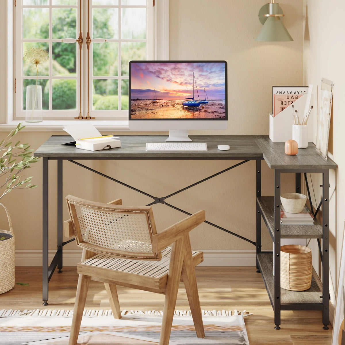 Small L Shaped Computer Desk with Storage Shelves, Compact Corner Workstation for Home Office and Study