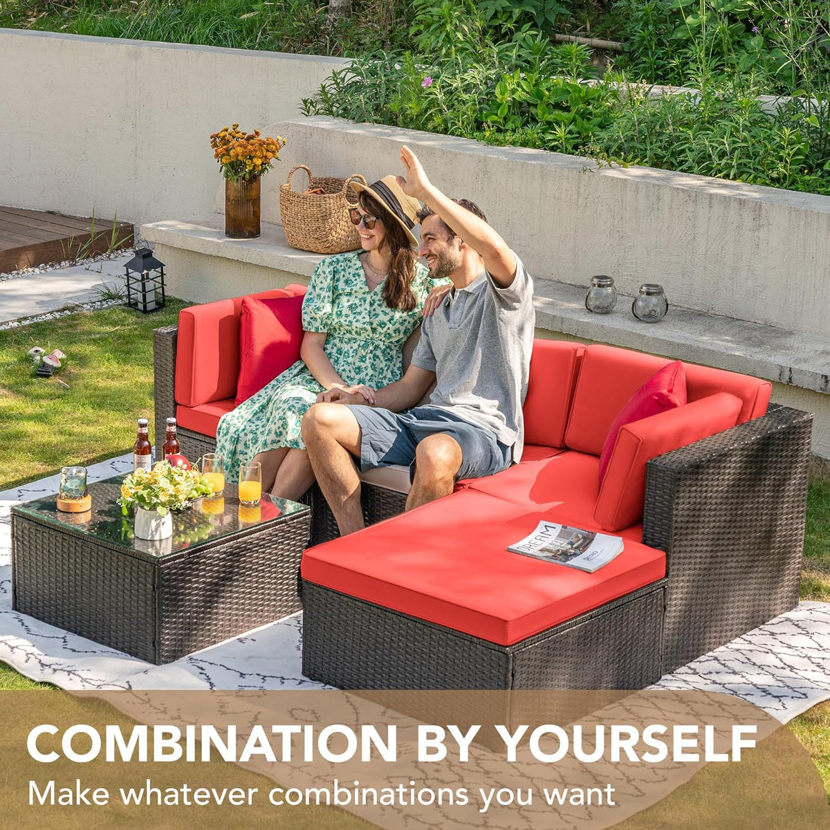 5-Piece All-Weather Patio Furniture Set with Cushions, Outdoor Wicker Conversation Sofa Set for Garden, Deck & Backyard
