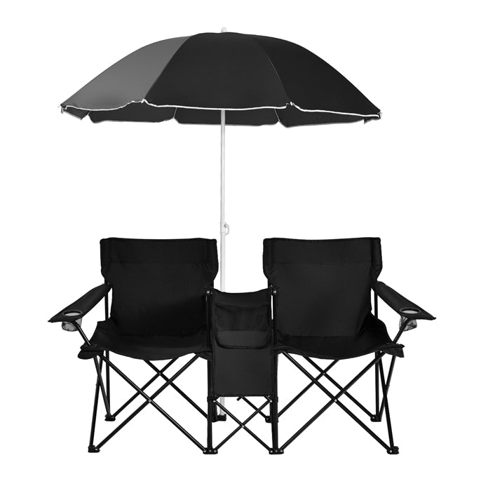 Double Folding Picnic Chairs with Umbrella �� Mini Table & Beverage Holder Included