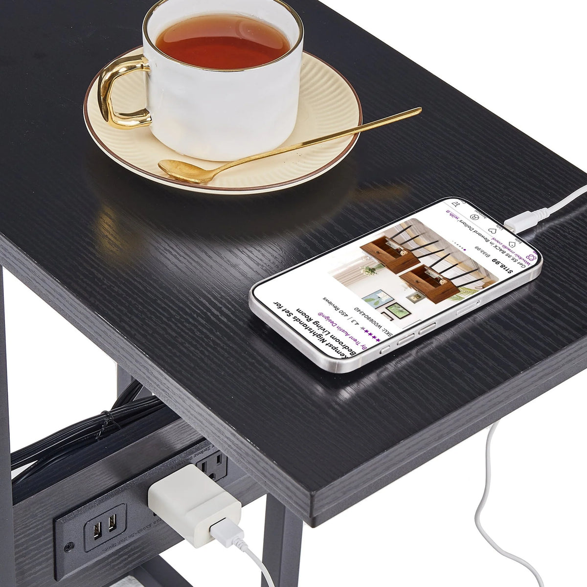 Set of 2 C-Shaped Sofa Side Tables, Small End Tables for Living Room, Bedside and TV Tray