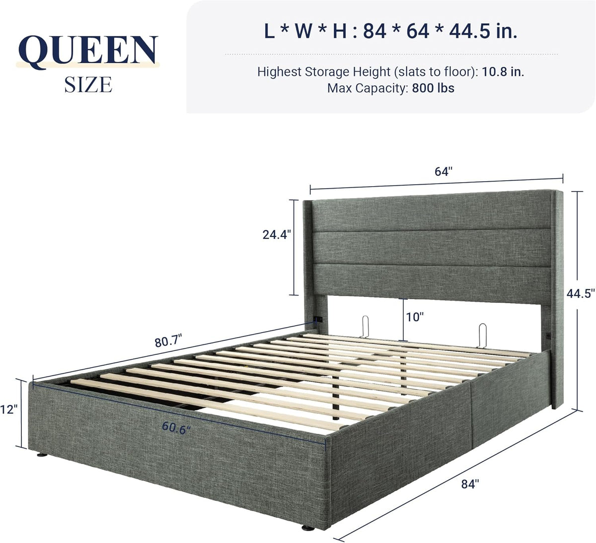 Queen Size Lift Up Storage Bed with Wingback Headboard, Upholstered Platform Bed Frame with Hidden Storage