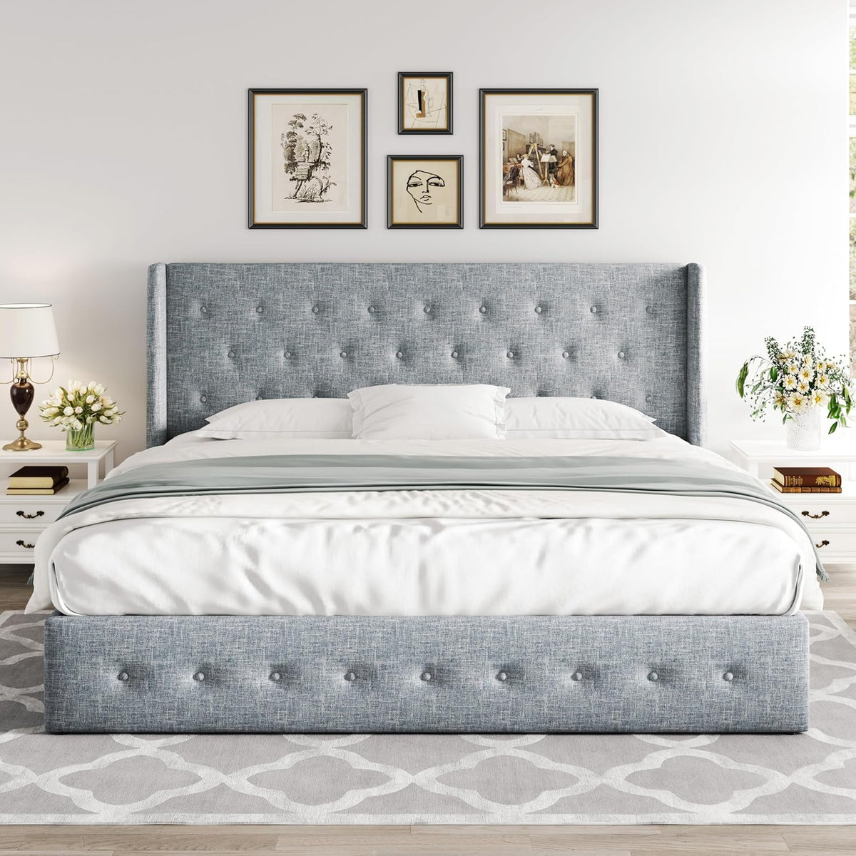 Queen Size Lift Up Storage Bed with Wingback Headboard, Upholstered Platform Bed Frame with Hidden Storage