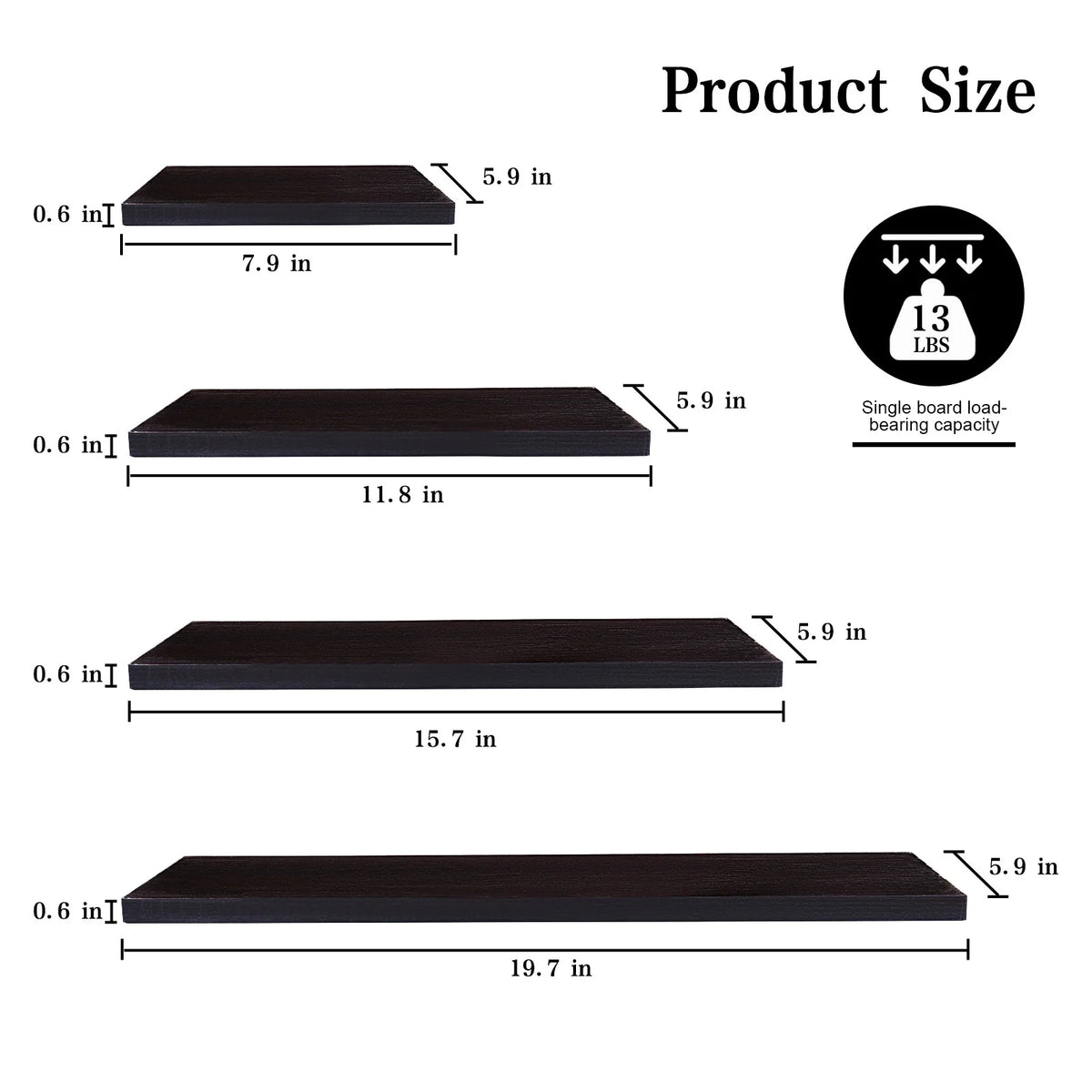 4-Piece Wood Floating Wall Shelves, White and Black Storage Shelf Set for Home Decor