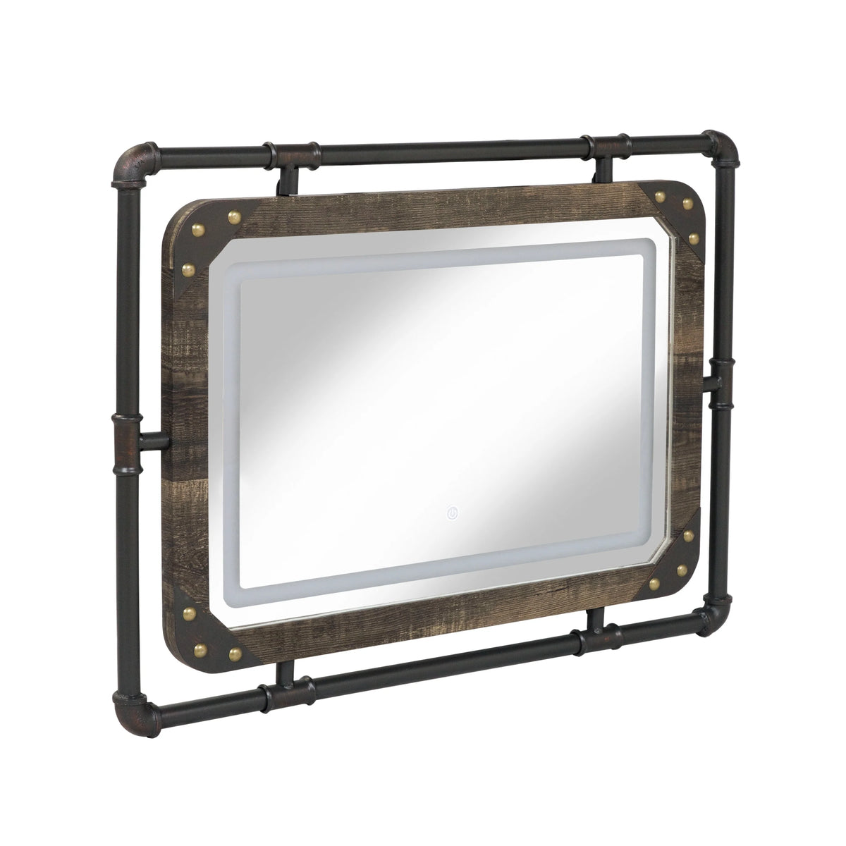 Industrial Metal Wall Mirror with LED Lights, Modern Decorative Mirror for Home
