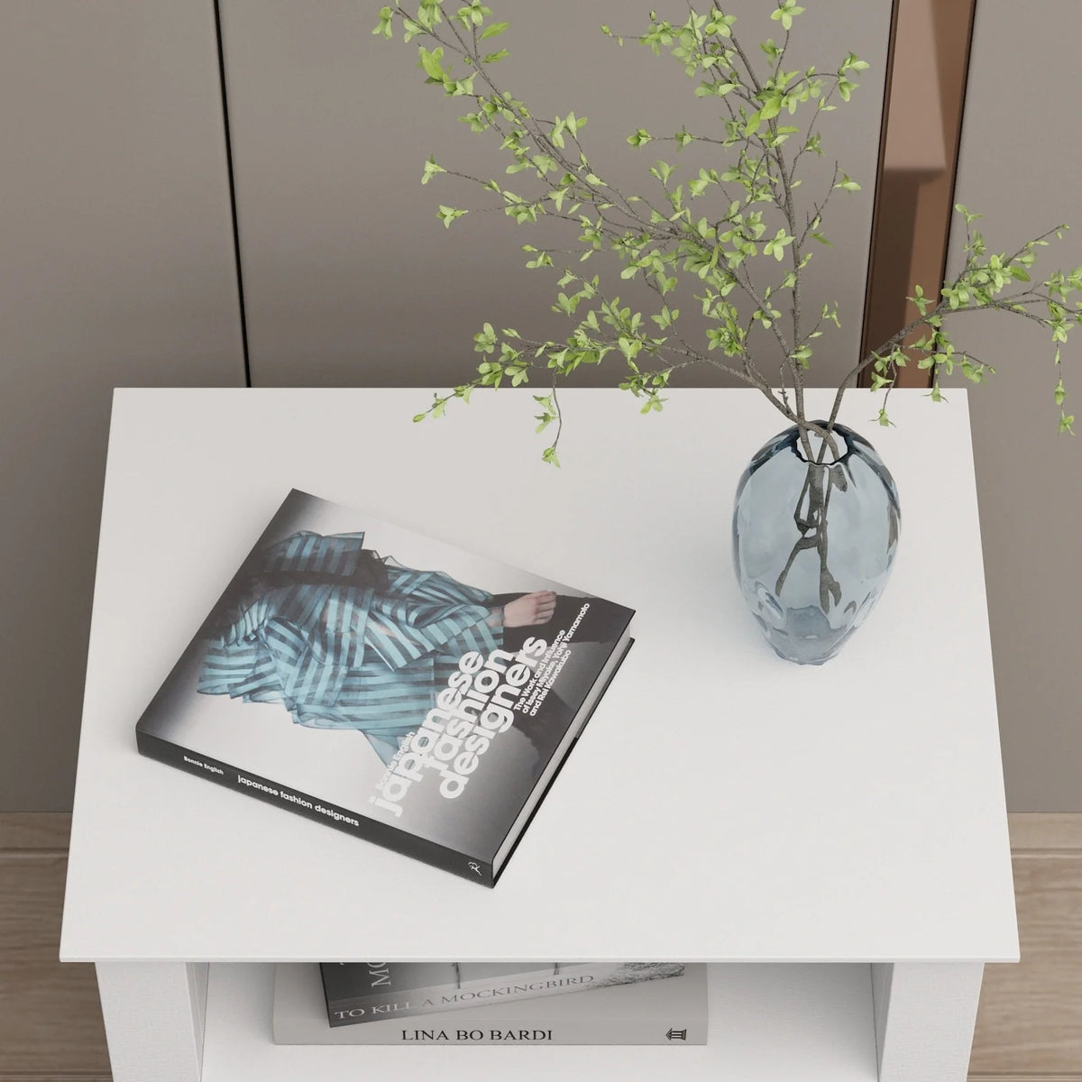 21.7 Inch Tall White Nightstand, 2 Drawers and 1 Open Shelf Bedside End Table