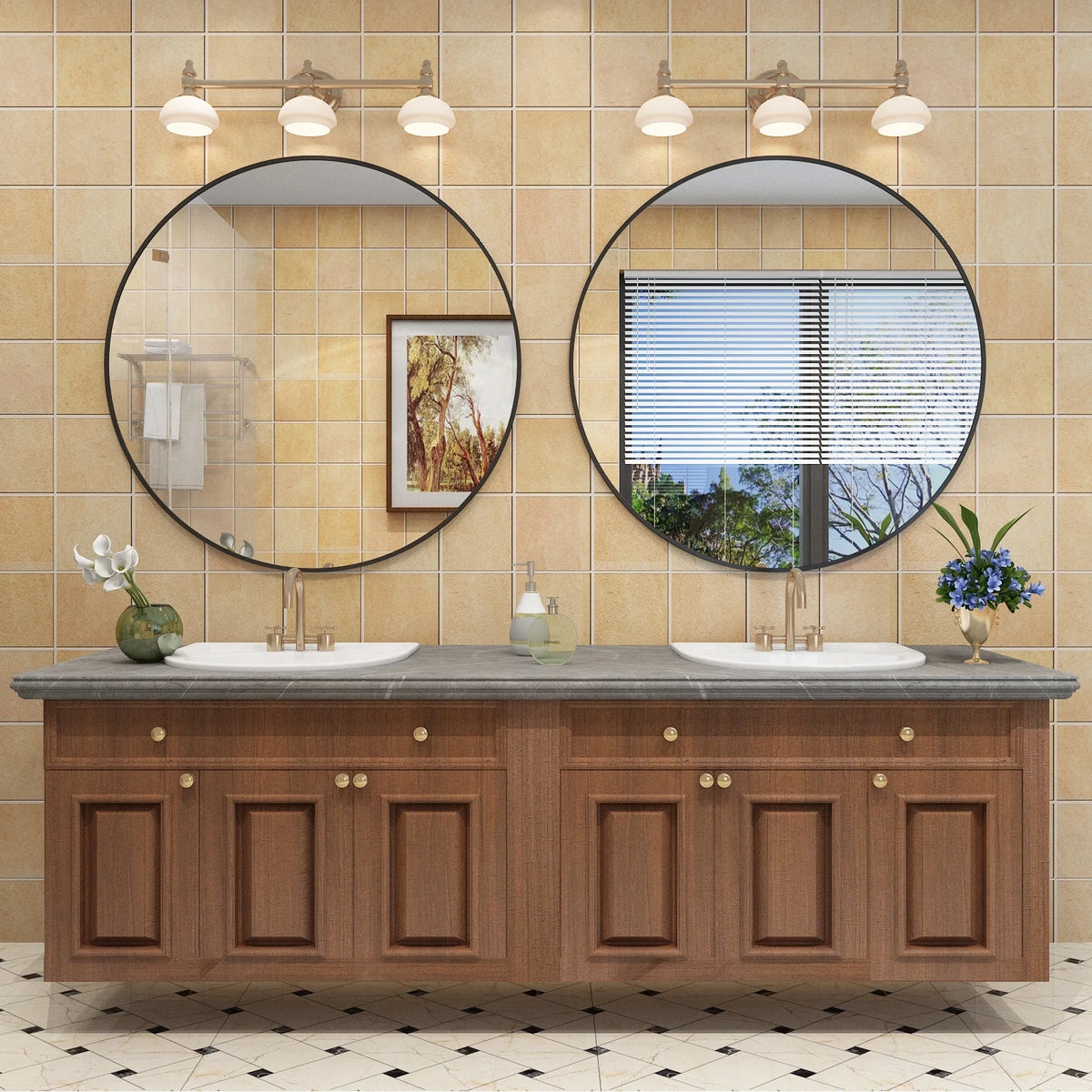 Round Metal Black Frame Bathroom Vanity Mirror, Wall Mounted Decorative Mirror