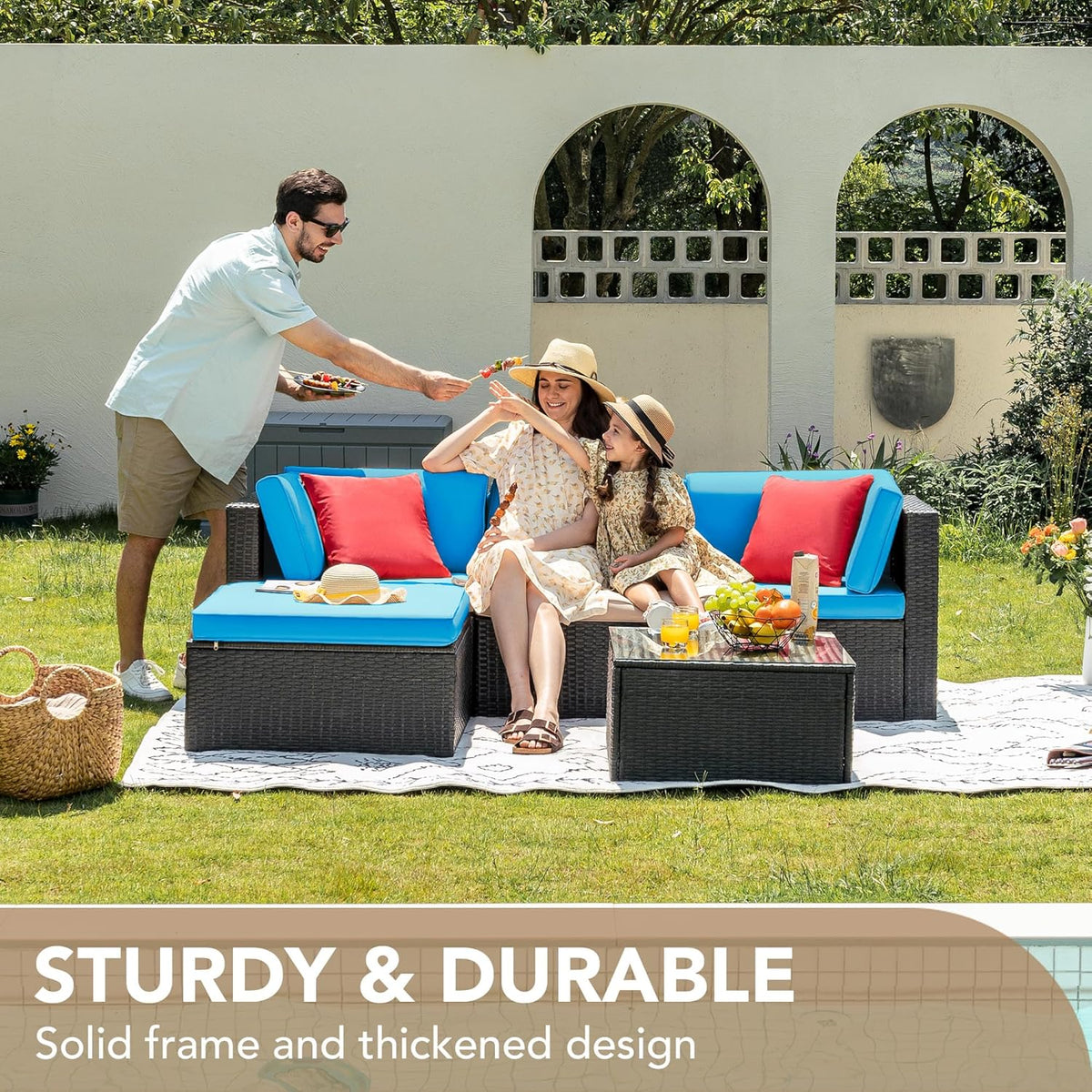 5-Piece All-Weather Patio Furniture Set with Cushions, Outdoor Wicker Conversation Sofa Set for Garden, Deck & Backyard