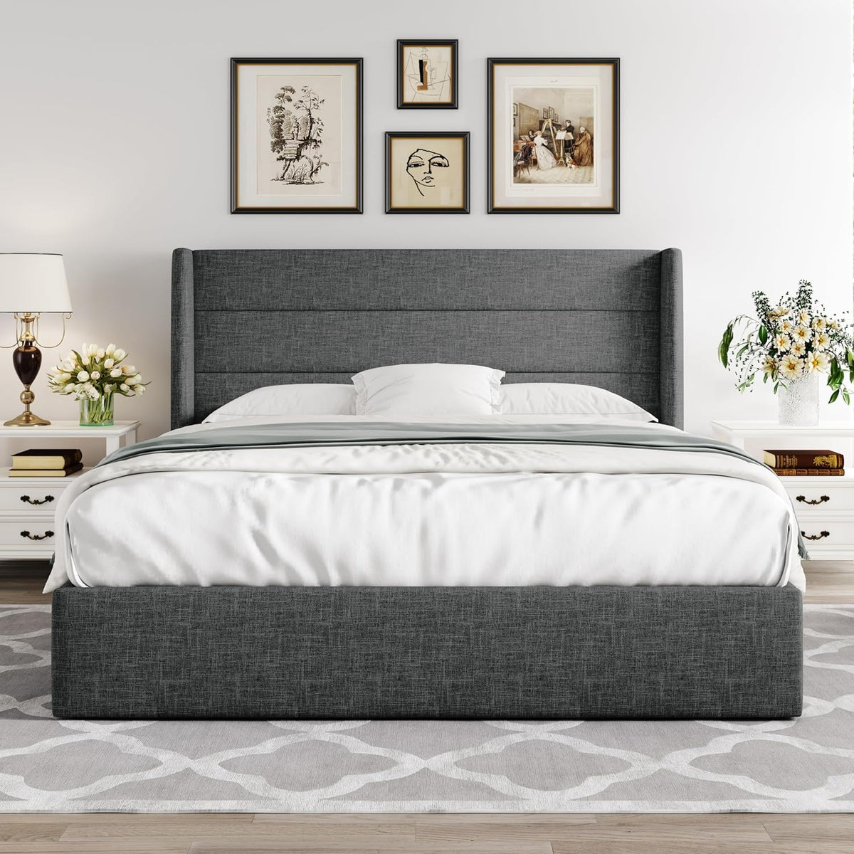 Queen Size Lift Up Storage Bed with Wingback Headboard, Upholstered Platform Bed Frame with Hidden Storage