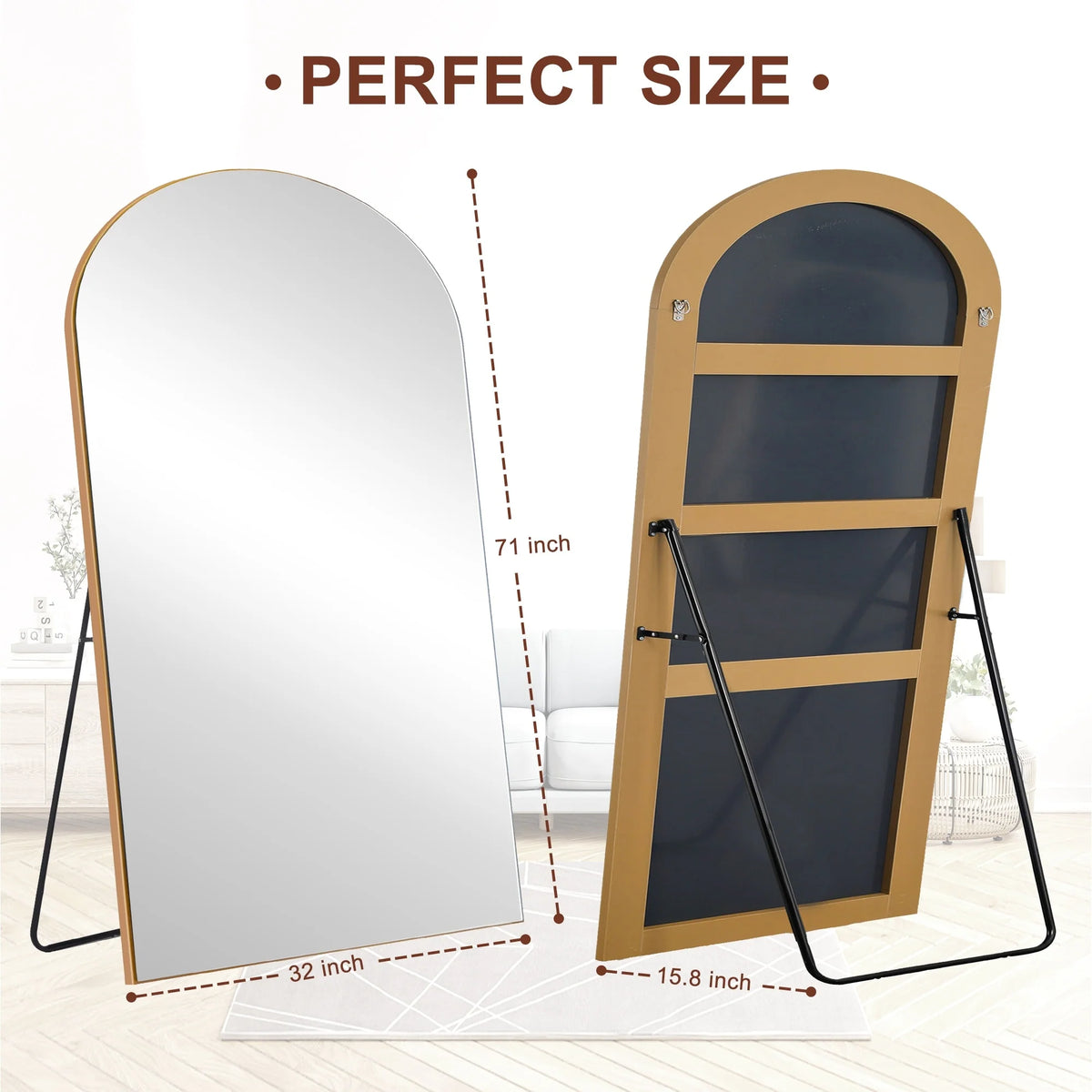 Arched Full Length Wood Floor Mirror, Full Body Standing and Wall Mounted Mirror for Bedroom, Living Room and Home Decor