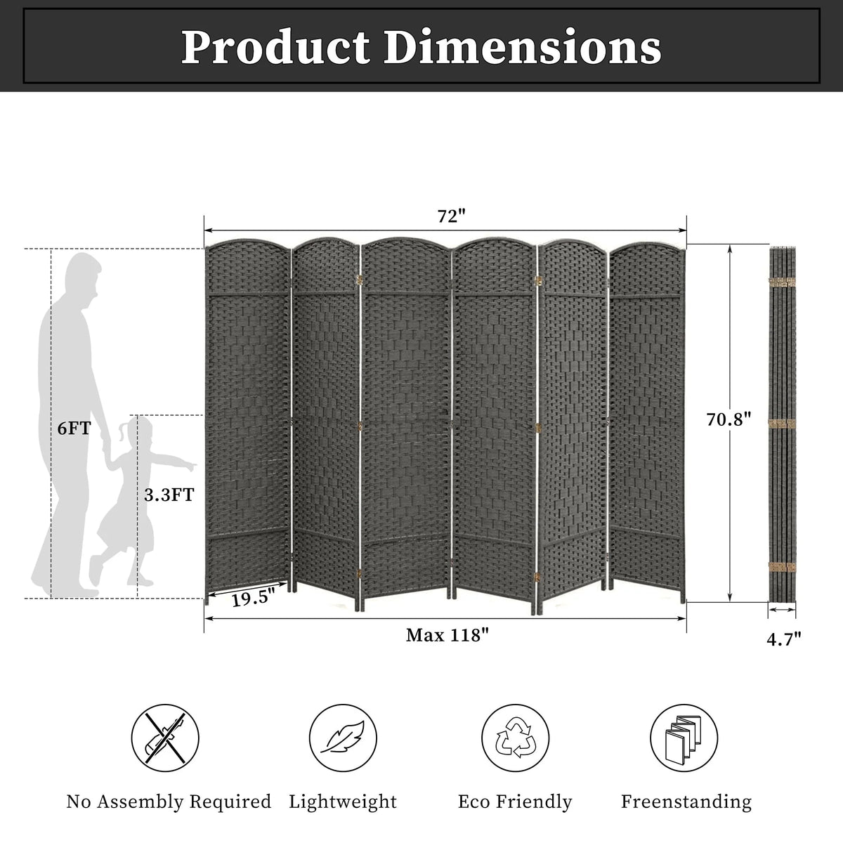 6 FT Tall Woven Fiber Room Divider, Freestanding Folding Privacy Screen
