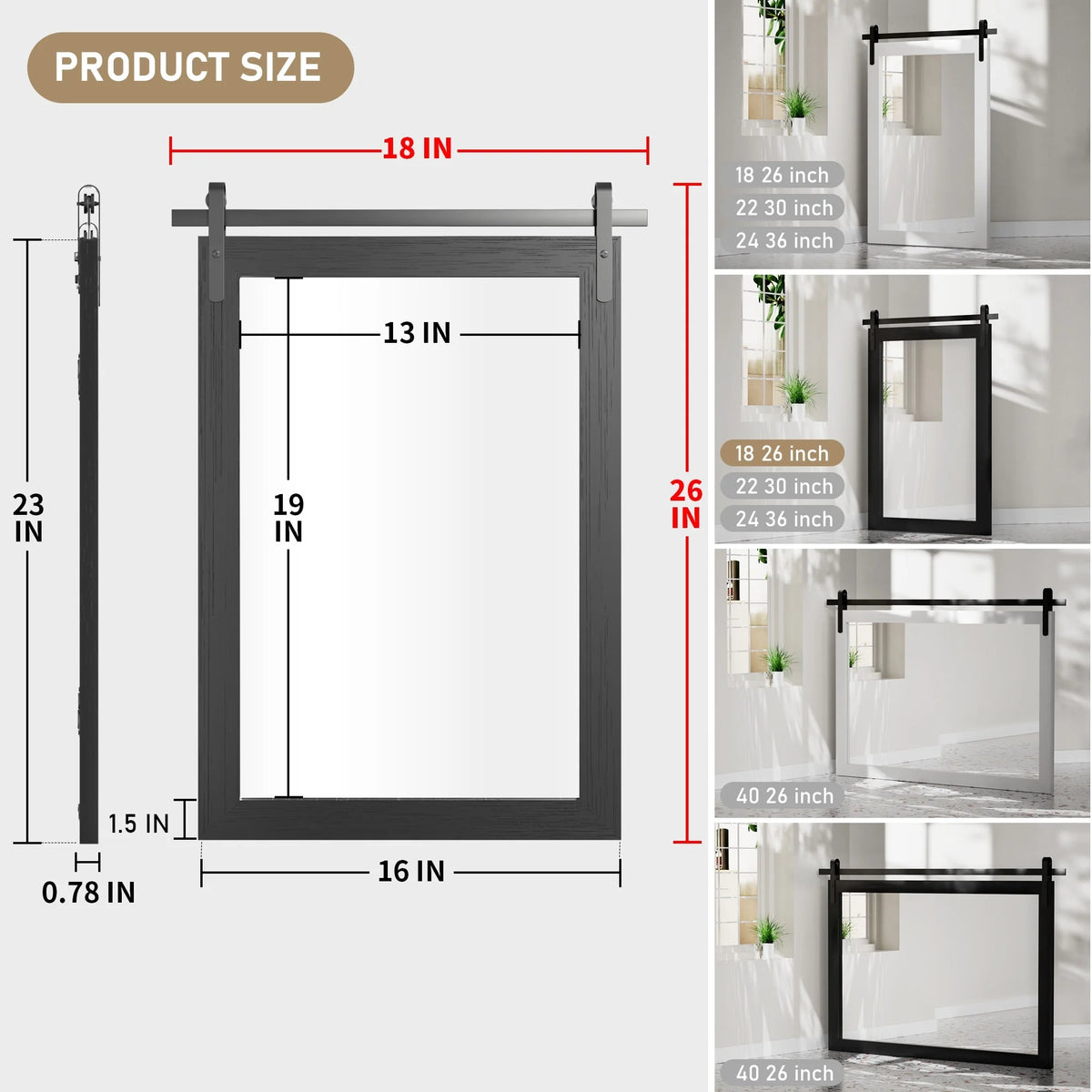 Modern Rectangular Wall Mirror with Wood Frame, Bathroom and Barn Door Mirror, Multiple Sizes