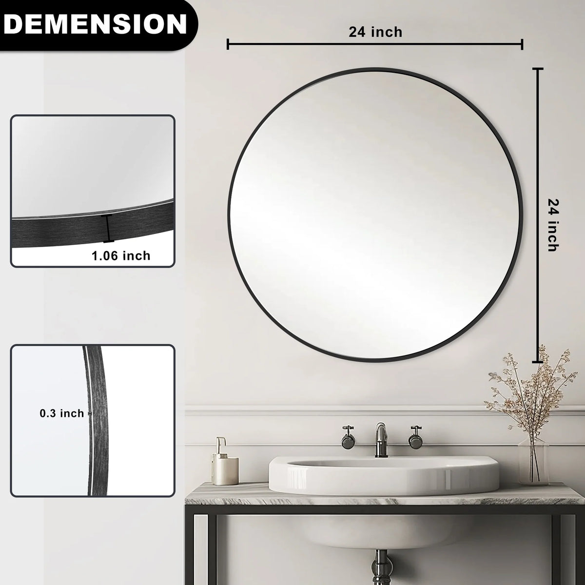 Modern Round Bathroom Vanity Mirror, Wall Mounted Circular Mirror for Bathroom, Bedroom and Home Decor