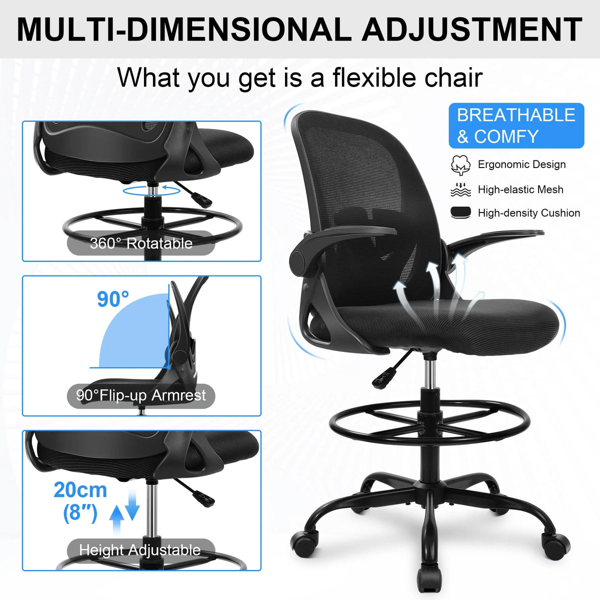 Ergonomic Drafting Chair - Tall Office Chair with Lumbar Support and Adjustable Height