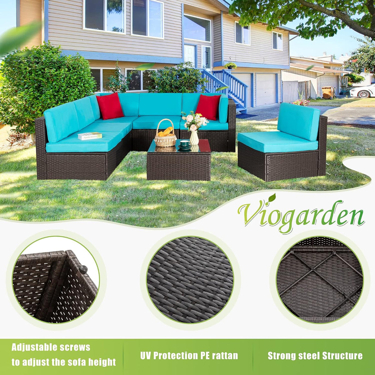 5-Piece All-Weather Patio Furniture Set with Ottoman, Outdoor Wicker Conversation Sofa Set with Cushions for Garden, Deck & Backyard