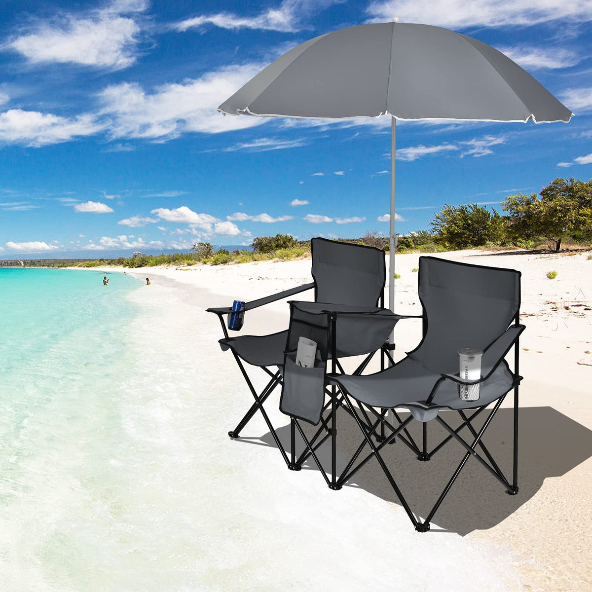 Double Folding Picnic Chairs with Umbrella �� Mini Table & Beverage Holder Included