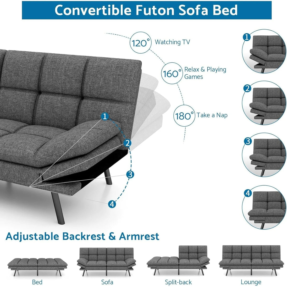 Convertible Futon Sofa Bed with Memory Foam, Foldable Loveseat Sleeper with Adjustable Armrests