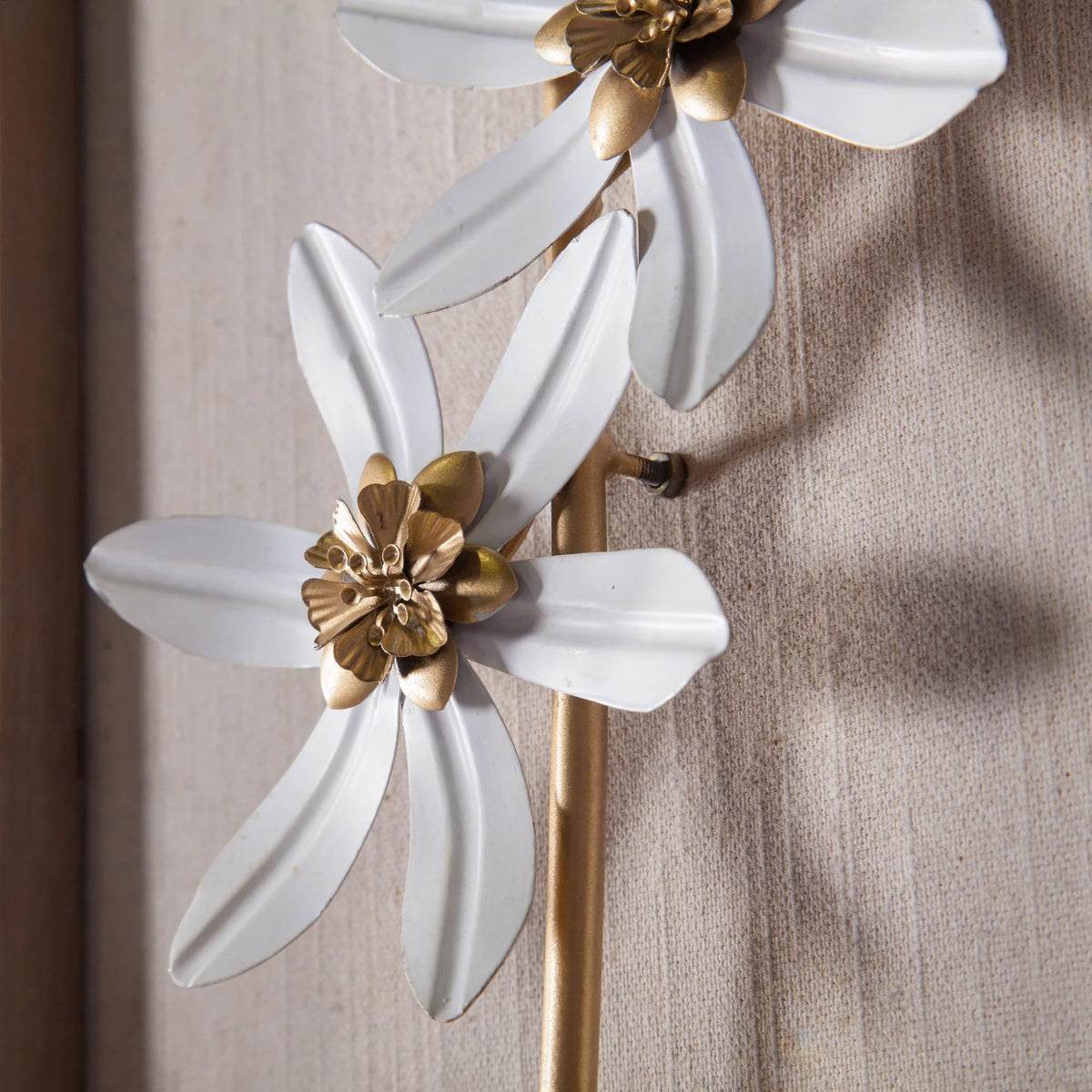 Set of 2 White and Gold Metal Flower Wall Decor with Wood Frames, Decorative Floral Wall Art