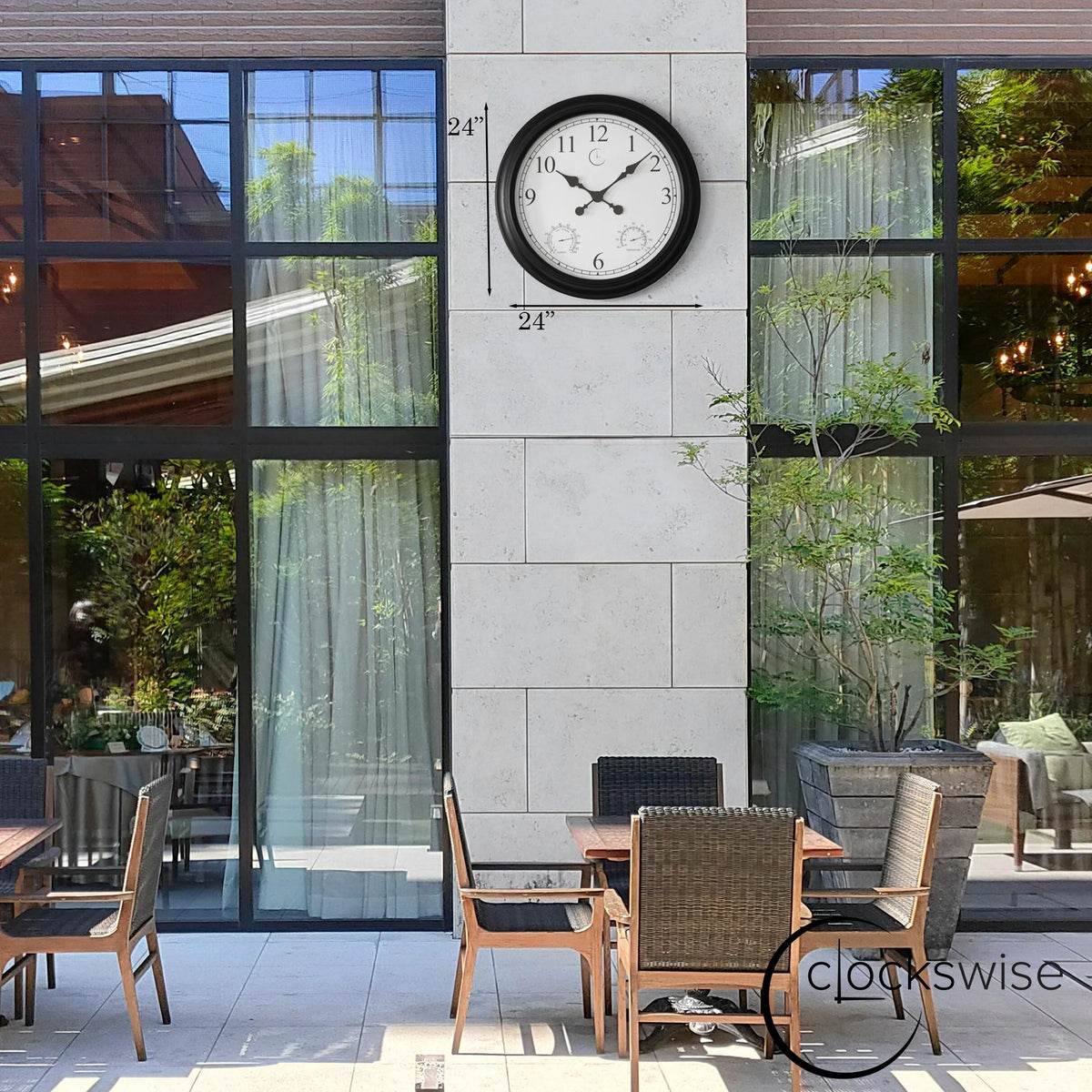 Large Outdoor Wall Clock with Thermometer, Waterproof Silent Garden Weather Station, Black