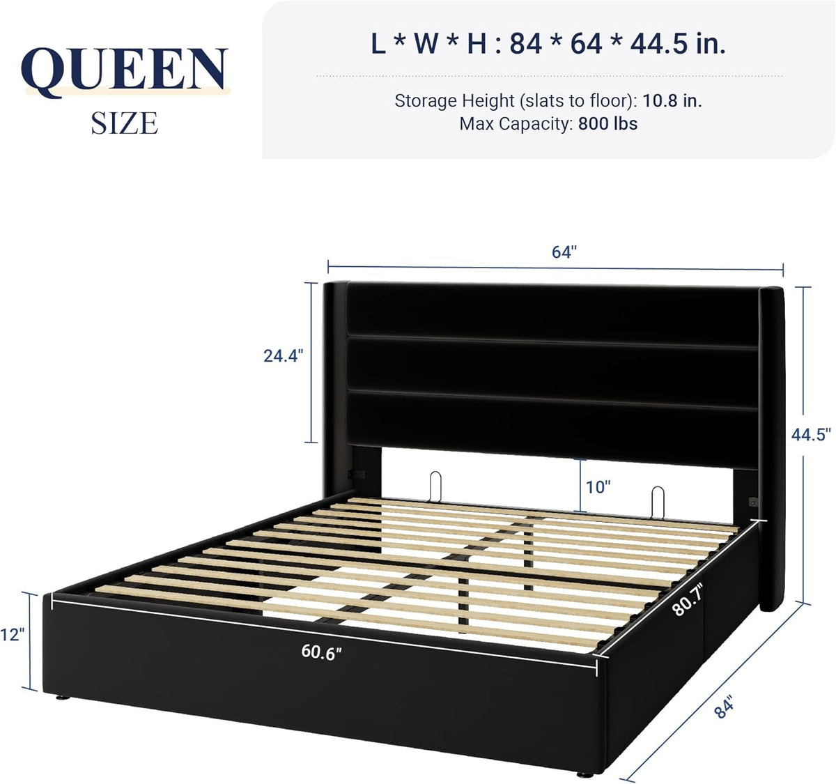 Queen Size Lift Up Storage Bed with Wingback Headboard, Upholstered Platform Bed Frame with Hidden Storage