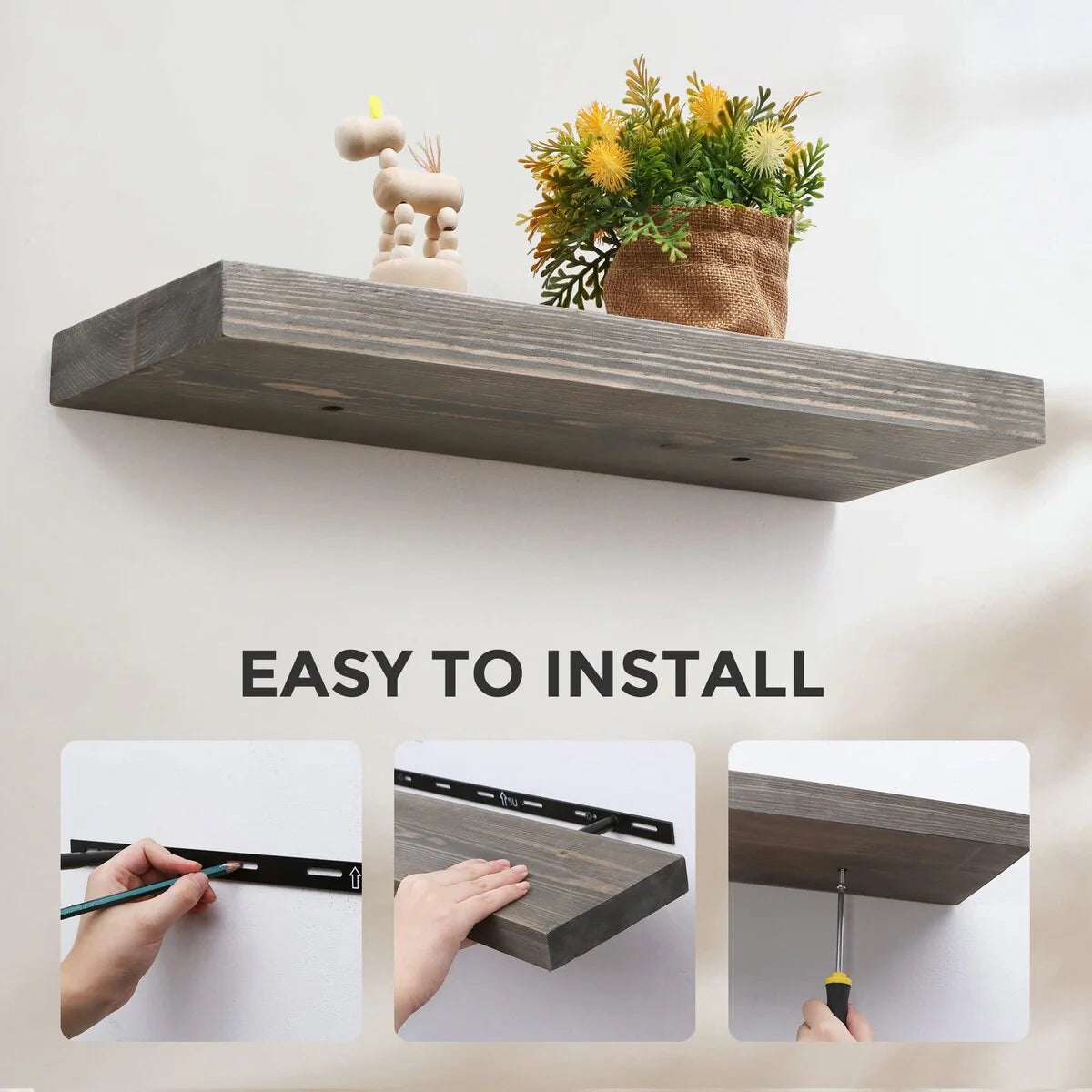 Set of 2 Handcrafted European Pine Floating Wall Shelves, Natural Rustic Wood