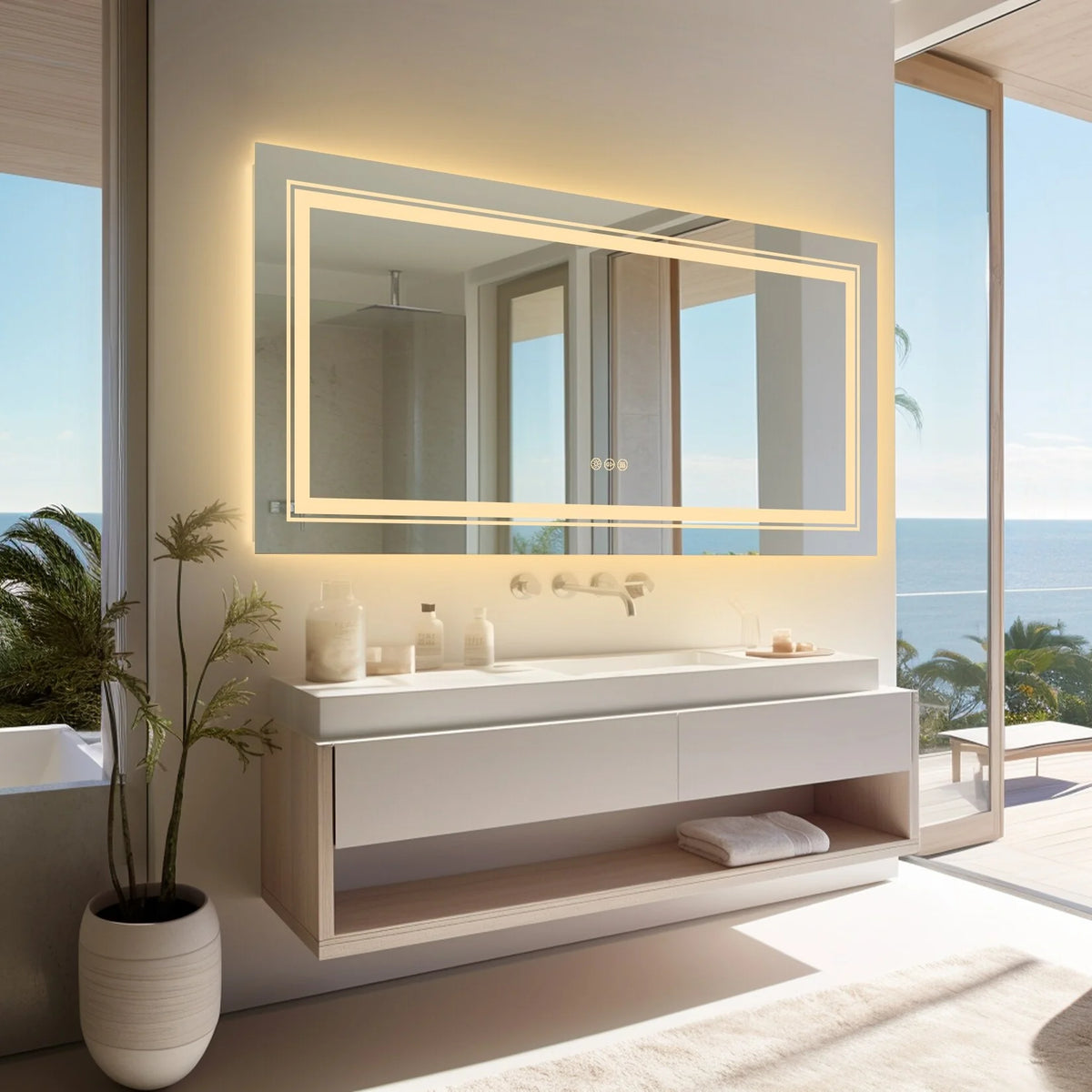 Extra Large LED Lighted Bathroom Mirror, Anti-Fog Wall Mounted Vanity Mirror with 3 Colors