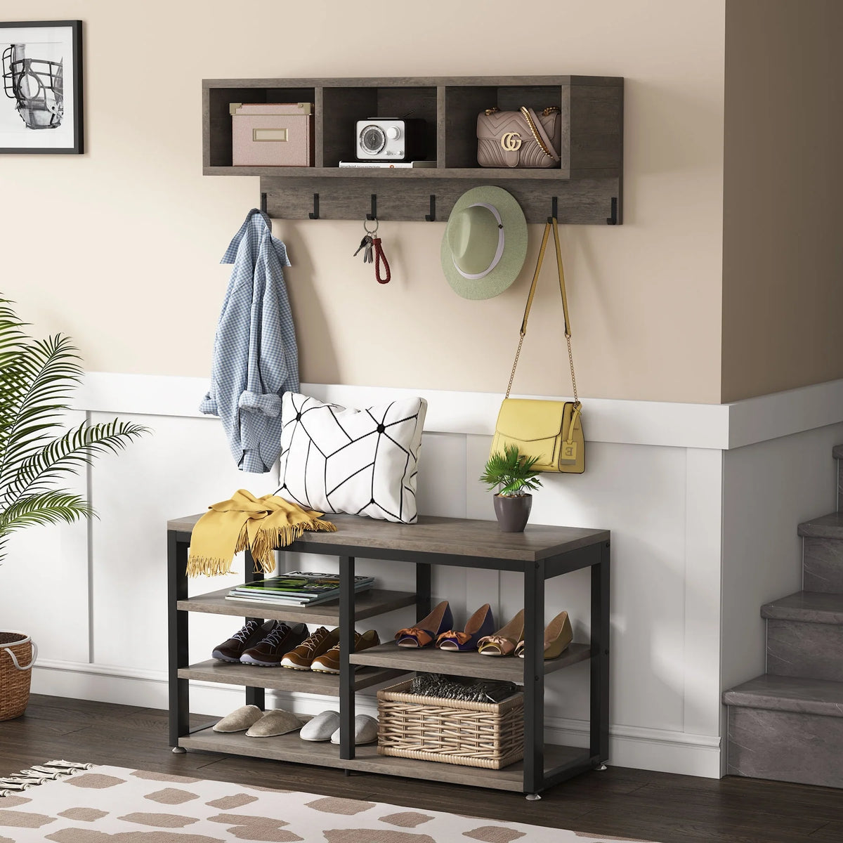 Entryway Coat Rack and Shoe Bench Set, Industrial Hall Tree with Coat and Shoe Storage