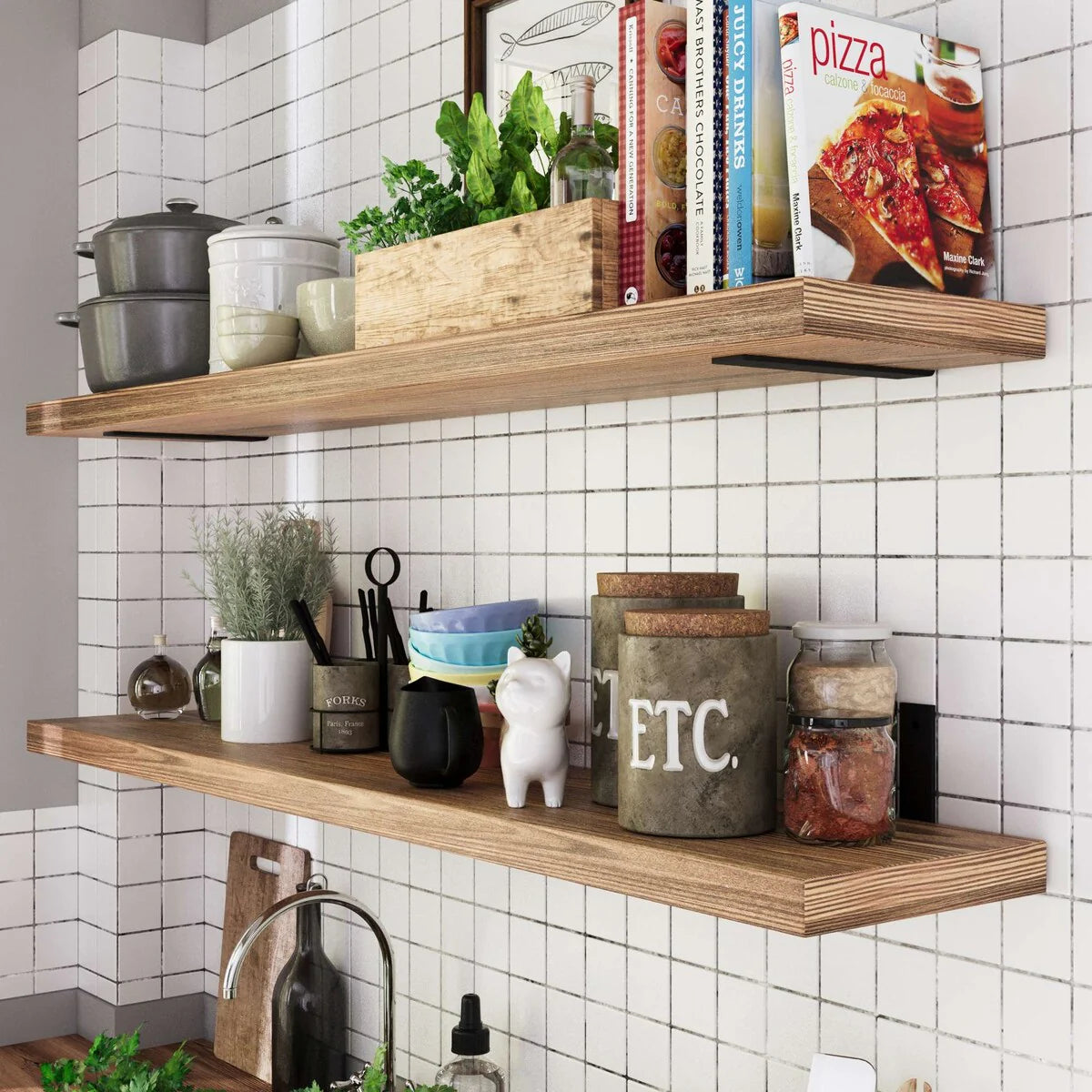 60 Inch Rustic Floating Wall Shelves, 2 Piece Burnt Wood Display and Storage Shelves