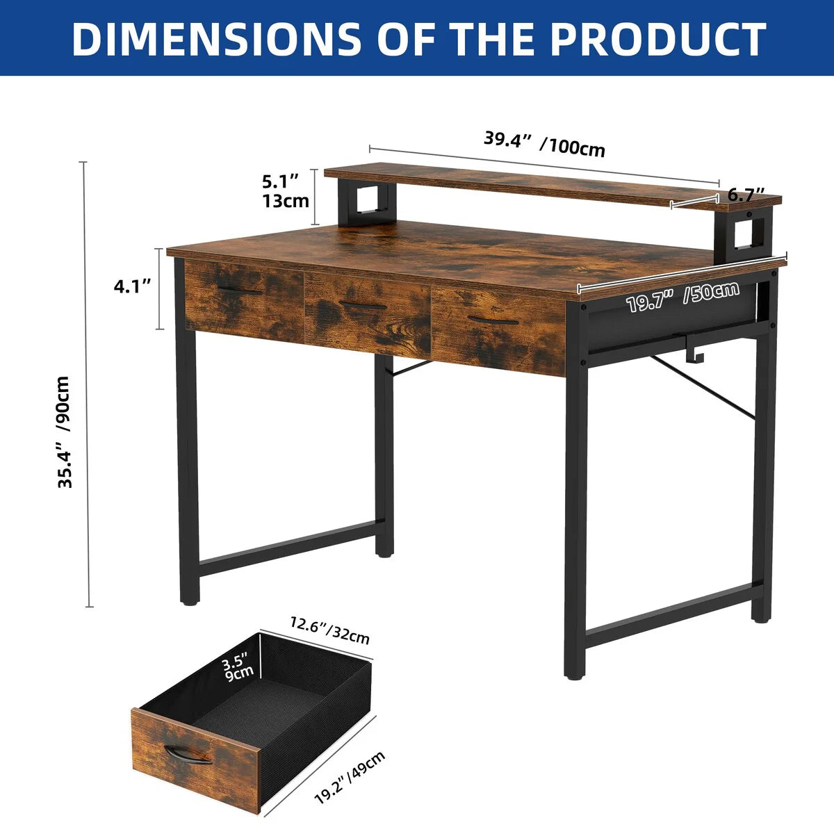 Small Computer Desk with Fabric Drawers and Monitor Stand, Compact Home Office Workstation for Small Spaces
