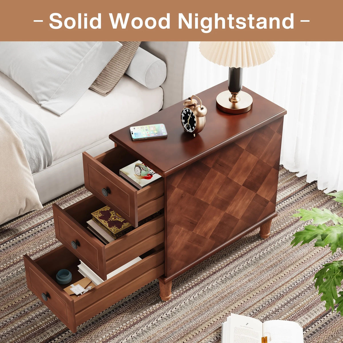 Fully Assembled Narrow End Table, Solid Wood Side Table with 3 Drawers, Vintage Nightstand for Small Spaces