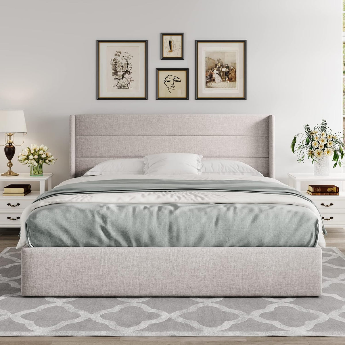 Queen Size Lift Up Storage Bed with Wingback Headboard, Upholstered Platform Bed Frame with Hidden Storage