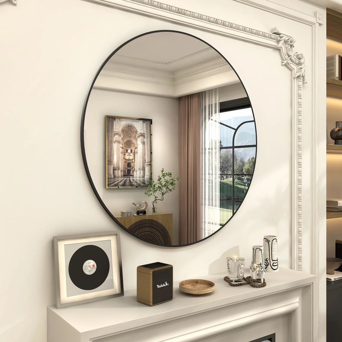 Round Metal Black Frame Bathroom Vanity Mirror, Wall Mounted Decorative Mirror