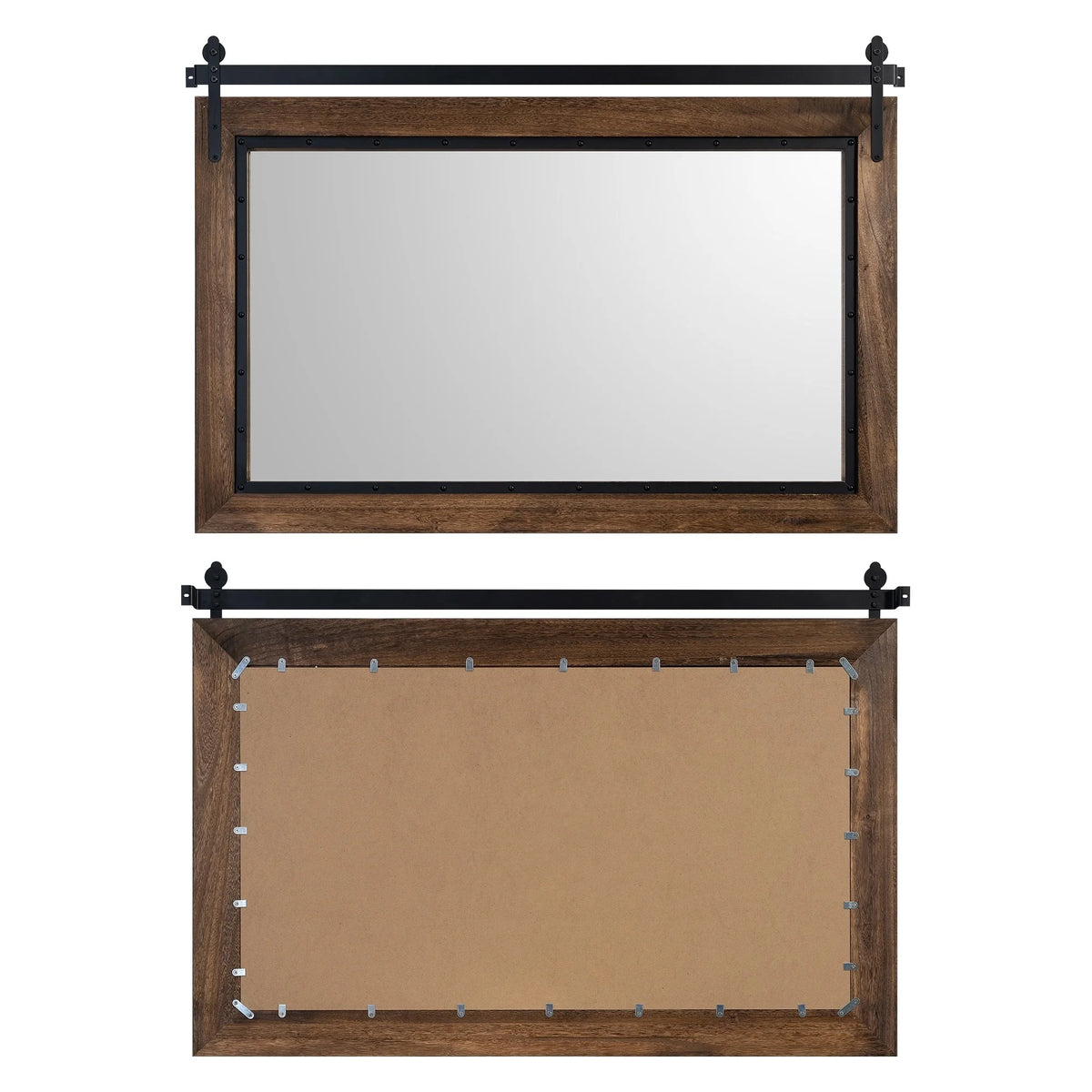 Farmhouse Barn Door Style Bathroom Vanity Mirror, Natural Wood Wall Mirror for Bathroom, Bedroom and Entryway