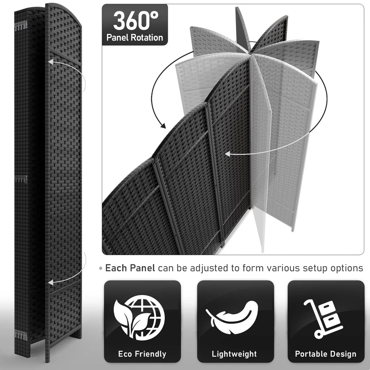 6 Panel Room Divider, 6ft Tall Extra Wide Folding Privacy Screen with Hand-Woven Mesh Panels