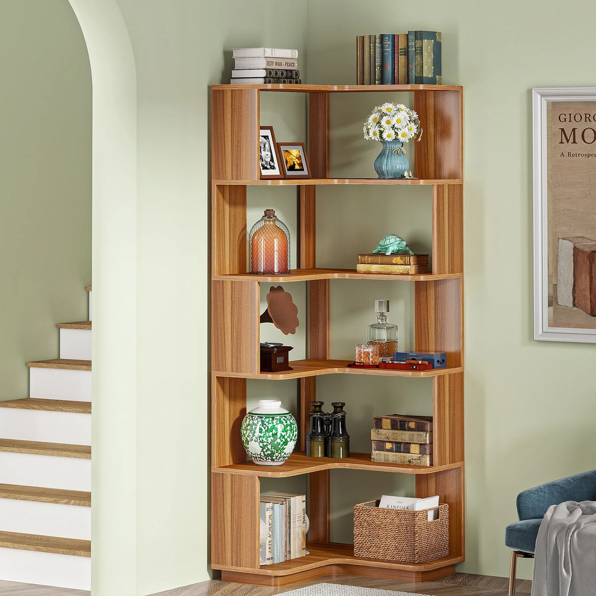 64.9 Inch Tall 6-Tier Corner Bookshelf, Freestanding Wood Industrial Bookcase