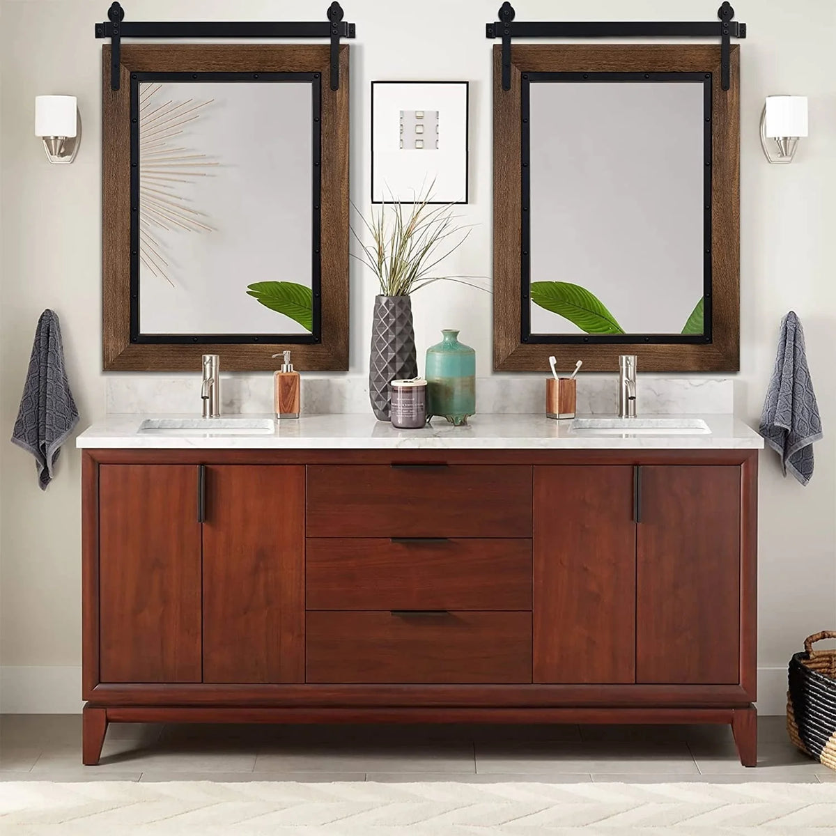 Farmhouse Barn Door Style Bathroom Vanity Mirror, Natural Wood Wall Mirror for Bathroom, Bedroom and Entryway