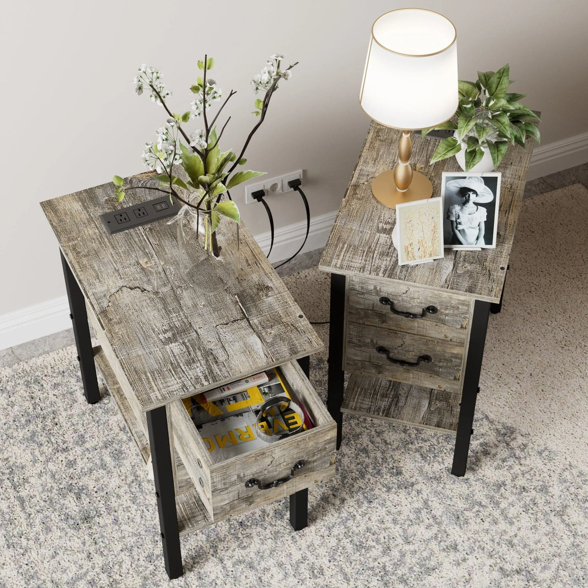 Narrow End Table with Charging Station, Chairside Table with Drawers, USB Ports and Power Outlets