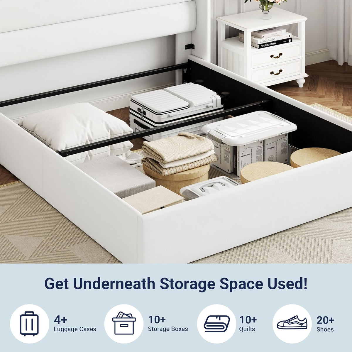 Queen Size Lift Up Storage Bed with Wingback Headboard, Upholstered Platform Bed Frame with Hidden Storage